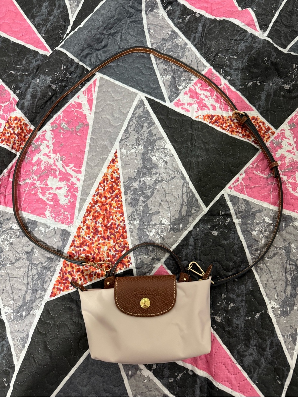 Longchamp Beige Crossbody Bag with Brown Trim and Gold Hardware
